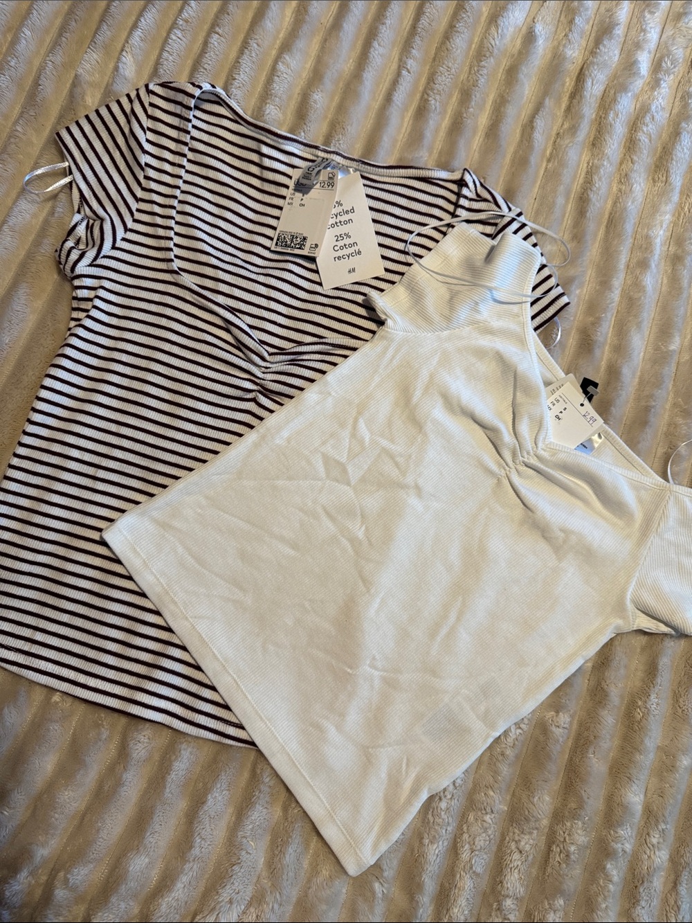 H&M White Ribbed Crop Top & Navy-Striped Short Sleeve Crop
